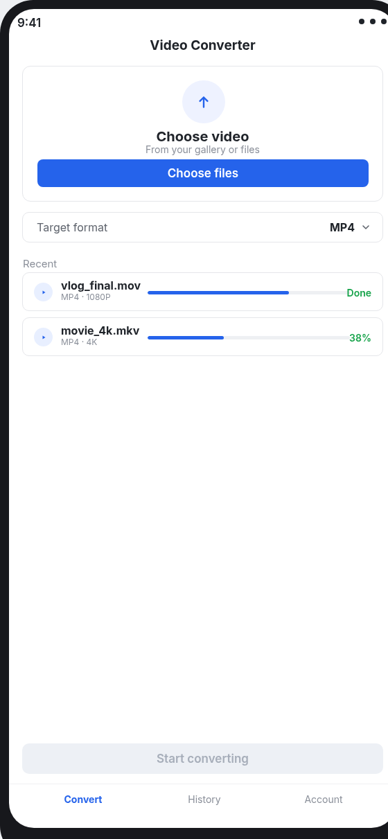 Video Converter mobile app interface on Android